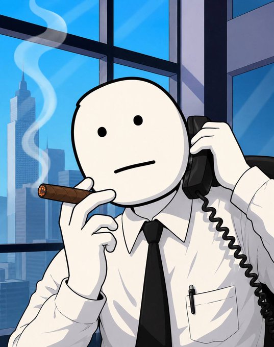 A faceless cartoon office worker smokes a cigar while talking on an old-school telephone, set against a city skyline backdrop. The satirical image parodies delusional confidence, mirroring the post's boast of hitting a 1M market cap while implying no one is actually paying attention to the project.