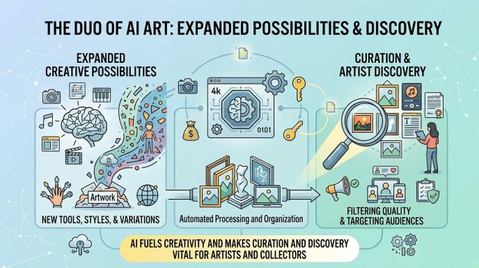 An infographic titled "THE DUO OF AI ART: EXPANDED POSSIBILITIES & DISCOVERY" illustrates how AI fuels creativity and aids in curation, featuring sections for "EXPANDED CREATIVE POSSIBILITIES," "Automated Processing and Organization," and "CURATION & ARTIST DISCOVERY," accompanied by various icons like brains, cameras, and magnifying glasses.