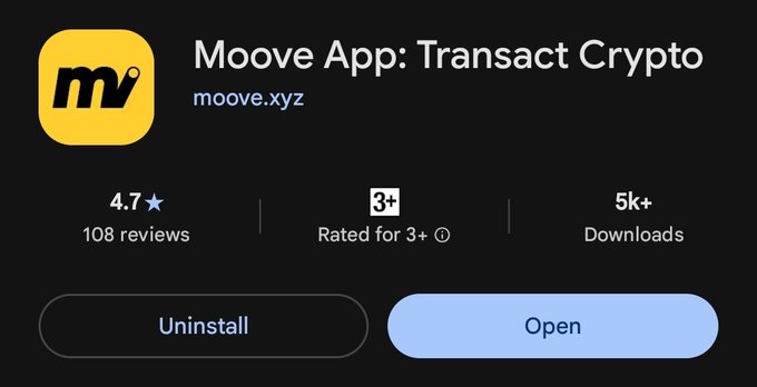 A screenshot of an app store listing for 'Moove App: Transact Crypto' by moove.xyz, showing a 4.7-star rating with 108 reviews and options to Uninstall or Open.