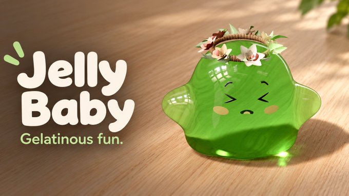 Promotional graphic featuring a green gelatinous character with closed eyes and a floral crown, accompanied by the text 'Jelly Baby' and 'Gelatinous fun.'