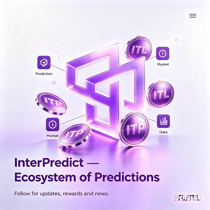 A purple-themed promotional graphic for 'InterPredict — Ecosystem of Predictions' featuring a stylized ITP logo surrounded by icons labeled Prediction, Market, and Data.