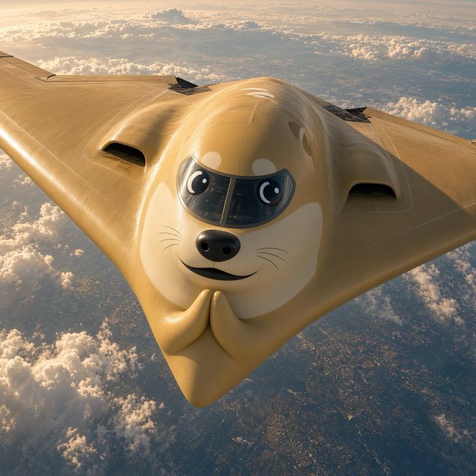 A futuristic golden stealth aircraft designed with a cute seal or otter face featuring large expressive eyes, a small black nose, and paws pressed together, soaring high above the clouds.