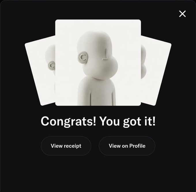 A success screen showing three white 3D figures fanned out with the text 'Congrats! You got it!' and buttons for 'View receipt' and 'View on Profile.'