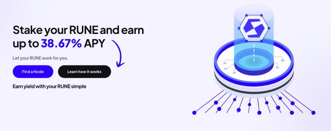 A promotional banner for staking RUNE token, reading 'Stake your RUNE and earn up to 38.67% APY' with 'Find a Node' and 'Learn how it works' buttons, alongside a 3D illustration of a hexagonal token.