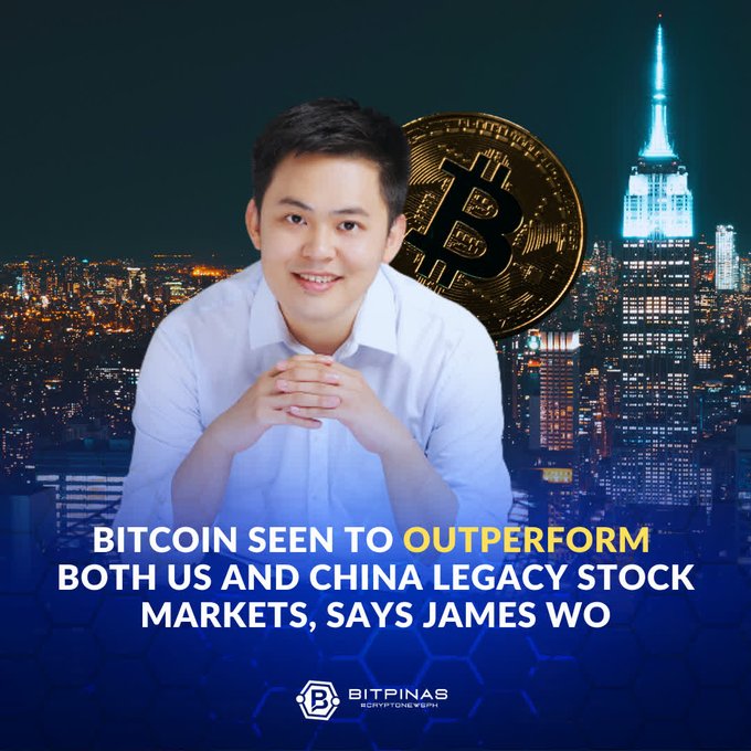 The image features a man sitting down with his hands crossed, smiling at the camera. The background of the image shows a city skyline at night, with a large building illuminated by blue lights. Below this scene, there's an advertisement for Bitcoin that reads "Bitcoin seen to outperform US and China Legacy Stock Markets, says James Wo".
