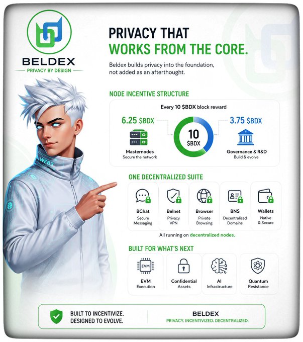 The image is a Beldex infographic titled "Privacy That Works from the Core," highlighting that out of every 10 $BDX block reward, 6.25 goes to masternodes securing the network and 3.75 supports Governance & R&D. It also showcases Beldex's decentralized suite (BChat, Belnet, Browser, BNS, Wallets) and future-ready features like EVM, Confidential Assets, AI Infrastructure, and Quantum Resistance, reinforcing the post's message that Beldex bakes privacy into its foundation.