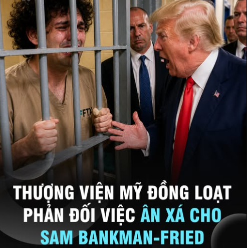 AI-generated meme showing a crying Sam Bankman-Fried behind bars with Donald Trump shouting, captioned in Vietnamese: 'THƯỢNG VIỆN MỸ ĐỒNG LOẠT PHẢN ĐỐI VIỆC ÂN XÁ CHO SAM BANKMAN-FRIED' (US Senate unanimously opposes pardoning SBF).