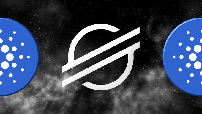 The image features two blue circles with white dots, each containing the word "stellar" written in white letters. The circles are positioned side by side against a black background that resembles space or the night sky. Below the circles, there's text that reads "There's a lot of cool crossovers between Stellar and Cardano." This statement is attributed to Charles Hoskinson, who wrote about the comparison between the two cryptocurrencies in his post.