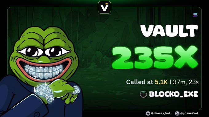 A digital illustration of a green Pepe-like character with diamond teeth and hands, promoting 'VAULT 235X Called at 5.1K' by 'BLOKO_EXE' with handles '@phanes_bot'.