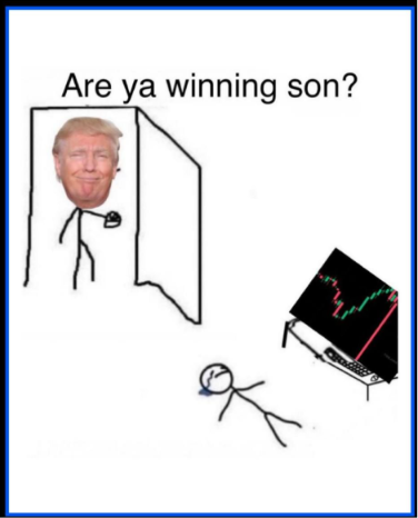 With a stick figure illustration, the image shows a man with Trump's head looking at a screen which seems to show a collapsing stock chart. It is captioned with "Are ya winning son?" This image is a humorous commentary on someone claiming they'll "just take a quick look" at the stock chart, but the chart is instead showing stocks tanking, which could correlate to the failings of a trade or the stock market.