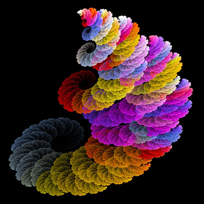 The image features a large, spiral-like object that resembles a tree with various colored leaves arranged in multiple spirals. The colors of the leaves are predominantly red, orange, yellow, blue, and purple, creating an eye-catching visual effect. The post on Instagram has been tagged @DanRyanNeff to give credit to the artist who created this artwork. The message "Secondary Sale! Serotonin Spiral" suggests that this image might be considered a secondary sale or re-purposed item for use in other platforms like Instagram and Facebook, as it has been shared by multiple users for personal and professional purposes.