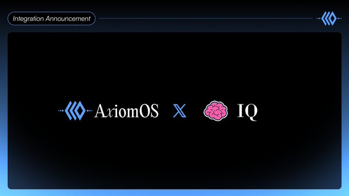 The image is an "Integration Announcement" banner displaying the logos of AxiomOS and IQ side-by-side with an "X" between them, visually representing the new partnership that will bring IQ, a blockchain and AI-powered knowledge ecosystem, into the AxiomOS ecosystem via Orbit.