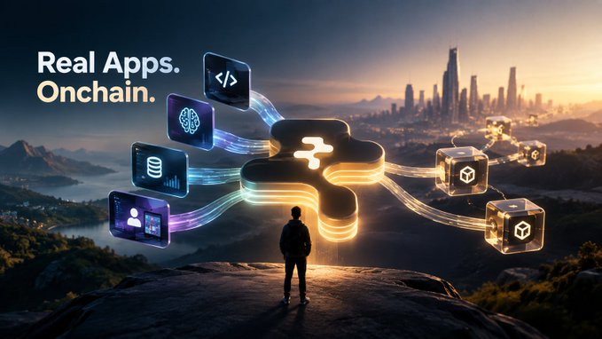 A promotional graphic reading 'Real Apps. Onchain.' featuring a silhouetted figure overlooking a futuristic city, with digital app icons connected to a glowing central logo.