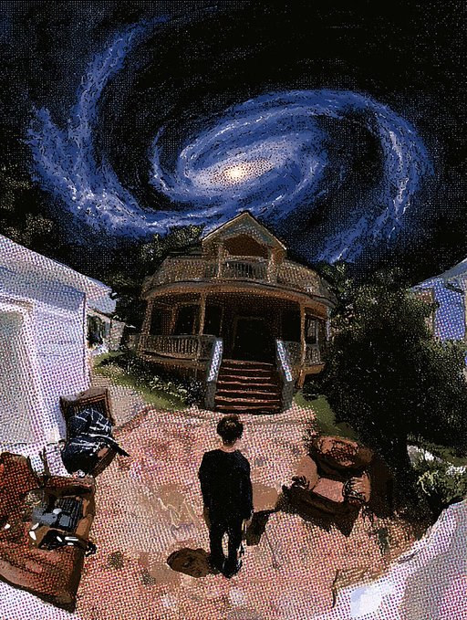 A person stands before a Victorian house beneath a swirling cosmic sky reminiscent of Van Gogh's "Starry Night," capturing the celestial beauty that gives this artwork, titled "champagne supernova," its name.