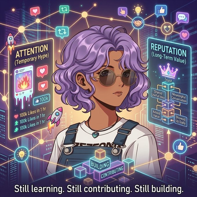 An anime-style illustration of a purple-haired character with sunglasses, surrounded by graphics comparing 'Attention (Temporary Hype)' with '100K Likes in 1hr' against 'Reputation (Long-Term Value)' built on Trust, Shared Useful Idea, Meaningful Conversation, Added Value, and Showed Up Daily, with the caption 'Still learning. Still contributing. Still building.'