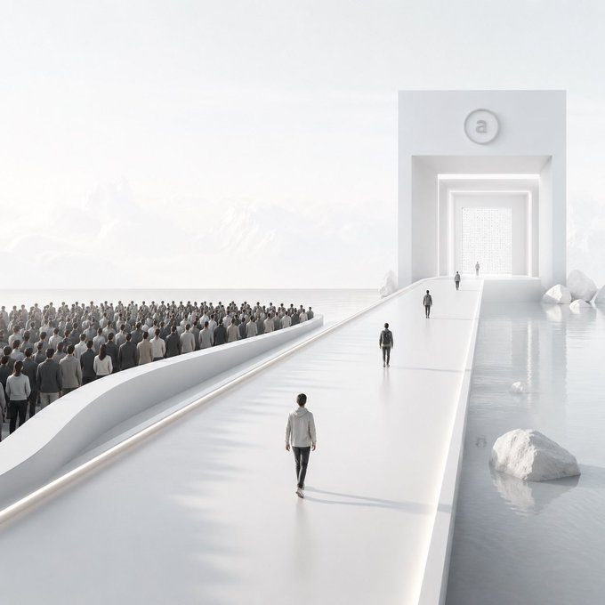 A minimalist, white-toned digital illustration depicts a lone figure walking down a long, bright pathway while a massive crowd follows behind, symbolizing individuality versus conformity.
