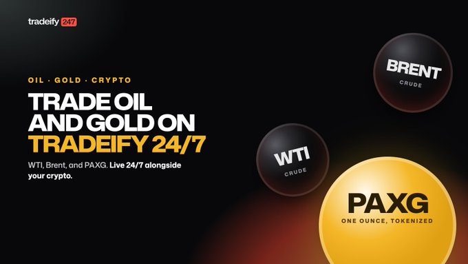 A promotional graphic for Tradeify 24/7 advertising 'TRADE OIL AND GOLD ON TRADEIFY 24/7' featuring spheres labeled BRENT CRUDE, WTI CRUDE, and PAXG ONE OUNCE, TOKENIZED.