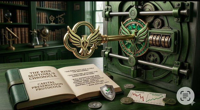 The image features an open book with gold lettering that says "The Riskiest Chronicle" at the top, along with a key and a lock attached to it. The book is placed next to a green safe or vault, which has a keyhole on its front door. There are also several coins scattered around the scene. In the background, there's an image of a clock that appears to be part of a bookshelf filled with various items such as a globe and a vase. The post in the image is titled "Bull markets hide bad habits; flash crashes expose them; RAFA AI works as your automated risk layer".