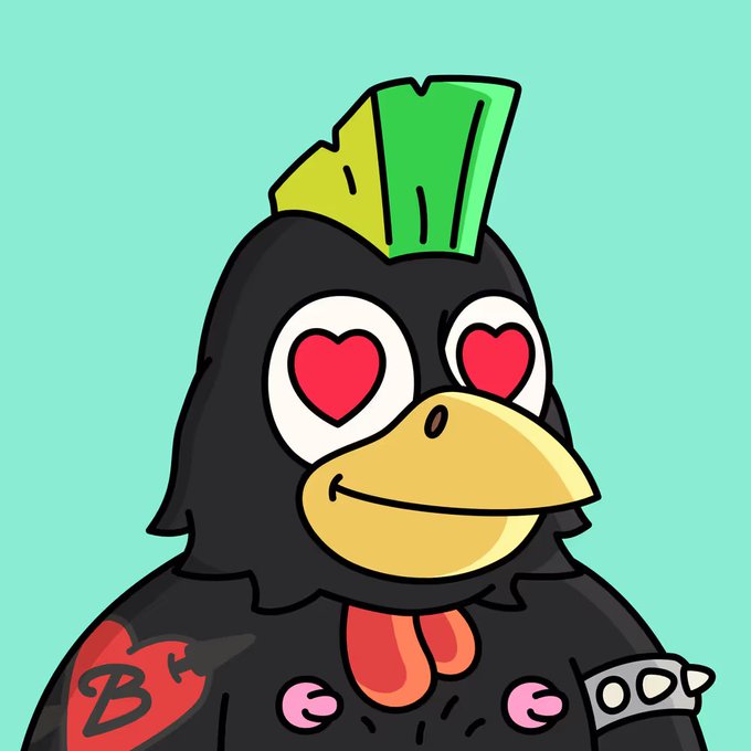 A cartoon chicken character with heart-shaped eyes wears a studded collar and a bandana labeled "BC".