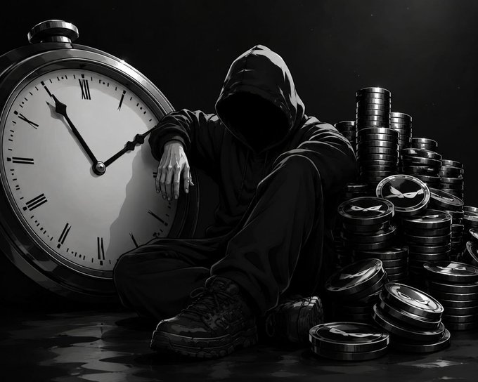 A hooded figure sits between a large pocket watch and piles of coins bearing the "X" symbol, evoking the secrecy and time-sensitive nature of the "HOOD" limited missions. The dark, faceless character embodies the clandestine, no-second-chances atmosphere of the community-driven tasks described in the post.