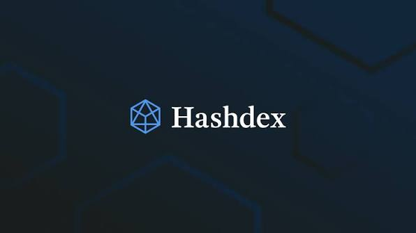 A dark blue logo screen displaying a geometric icosahedron icon next to the word 'Hashdex' in white text.