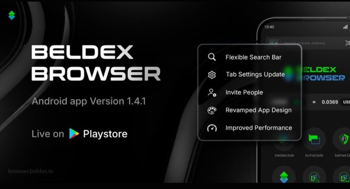 An advertisement for 'BELDEX BROWSER' promoting its Android app Version 1.4.1 'Live on Playstore'; a phone screen on the right lists features including 'Flexible Search Bar', 'Tab Settings Update', 'Invite People', 'Revamped App Design', and 'Improved Performance'.