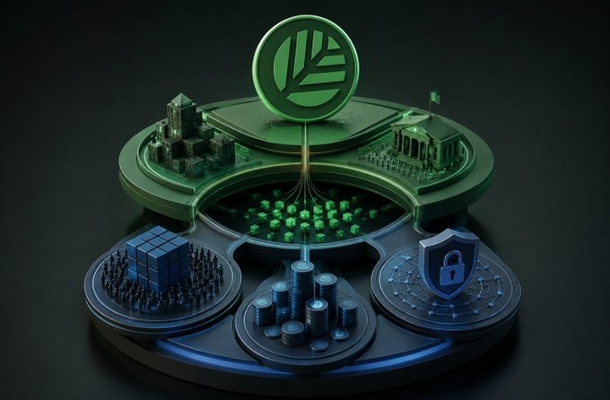 A stylized 3D infographic featuring a central green leaf icon branching out to four circular nodes depicting a city skyline, a government building, server clusters, and a security shield/lock—symbolizing the interconnected components of a blockchain ecosystem. The image visually reinforces the post's theme of evaluating the hidden risks and dependencies when building on a shared chain (likely Canopy), highlighting the trade-offs between convenience (deployment) and underlying infrastructure concerns like validators, governance, data, and security.