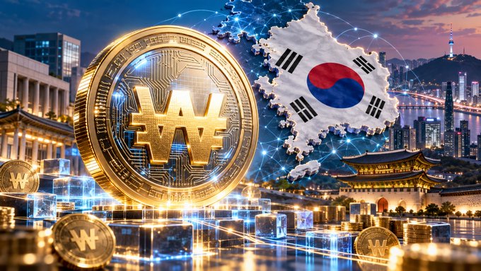 A digital composite showing a gold cryptocurrency coin with a 'W' symbol overlaid on a map of South Korea and a Seoul cityscape.
