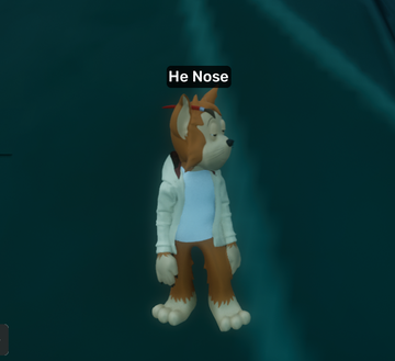 A 3D rendering of a fox-like animal character wearing a light blue shirt, labeled 'He Nose' above its head, standing against a dark teal background.