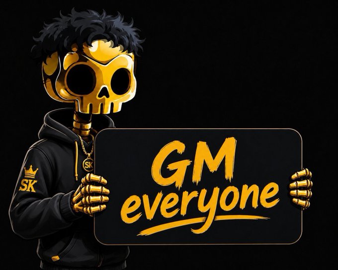 A golden-skulled character in a black hoodie holds a sign reading "GM everyone" in bold yellow lettering, matching the post's greeting.

The image visually introduces the "GM everyone" phrase as a friendly Web3 community salutation, while the skull figure symbolically represents the post's central theme—building lasting, recognized reputation over time rather than chasing fleeting single moments of activity.