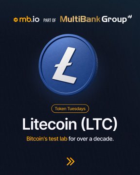 A promotional graphic from mb.io (part of MultiBank Group) for "Token Tuesdays" featuring a large blue Litecoin (LTC) coin with the tagline "Bitcoin's test lab for over a decade." The design aligns with the post by highlighting Litecoin as this week's featured token spotlight.