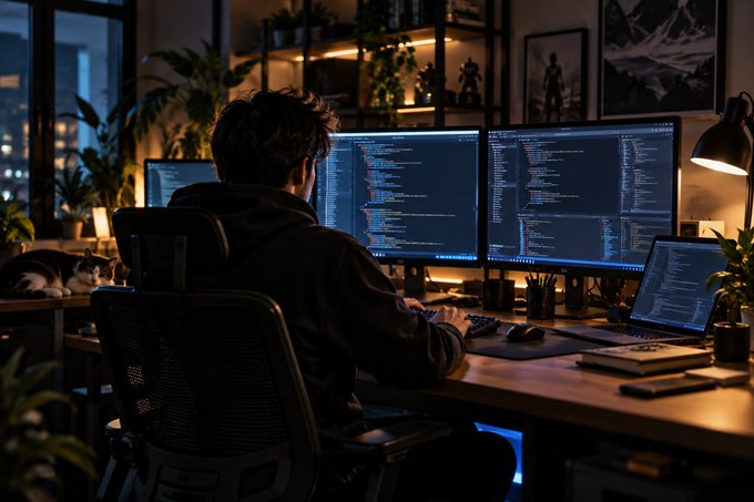 A person sits at a desk in a dimly lit home office coding on multiple monitors, with a cat sleeping on a side table and plants decorating the room.
