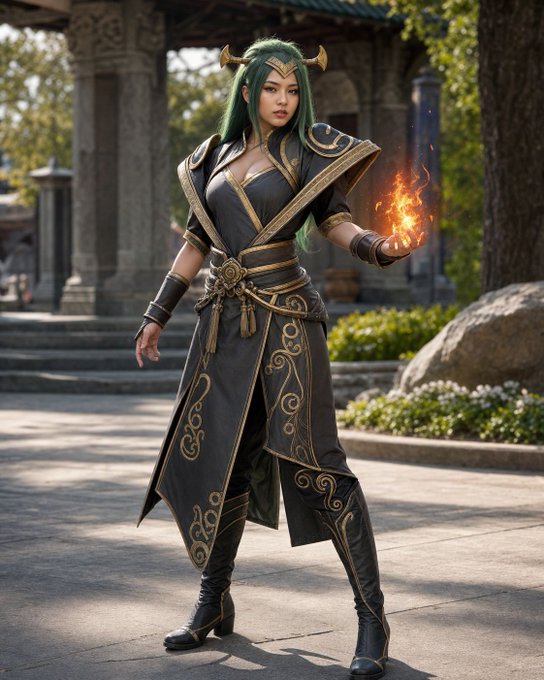 A fantasy warrior woman with green hair wearing ornate black and gold armor, standing in a temple-like setting while conjuring fire in her hand.