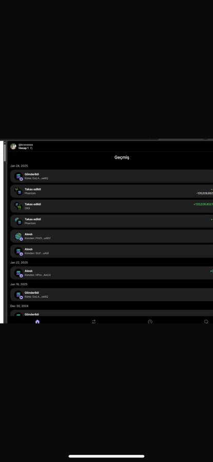 A mobile app screenshot displays a transaction history titled "Geçmiş" (Turkish for "History"), showing crypto transactions including sends, receives, and swaps involving tokens like SOL, PI, and FPL for the wallet "FV9T...u8tV" across dates from December 2024 to January 2025, with amounts reaching up to +120,026.85 PI. This relates to the post's theme of reviewing on-chain history, as the user digs through old wallets and past transactions involving NFTs and swaps.