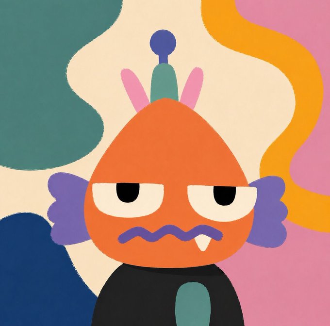 The post features a cute cartoon monster wearing a black shirt with orange eyes and a purple nose, sitting next to a line of curved, colorful shapes that are a mix of pink, yellow, green, blue, and brown. The monster has a face expression, giving it an angry or grumpy appearance, contrasting the lively colors around it. The overall design gives off an energetic vibe, making it appealing for both children and adults alike.