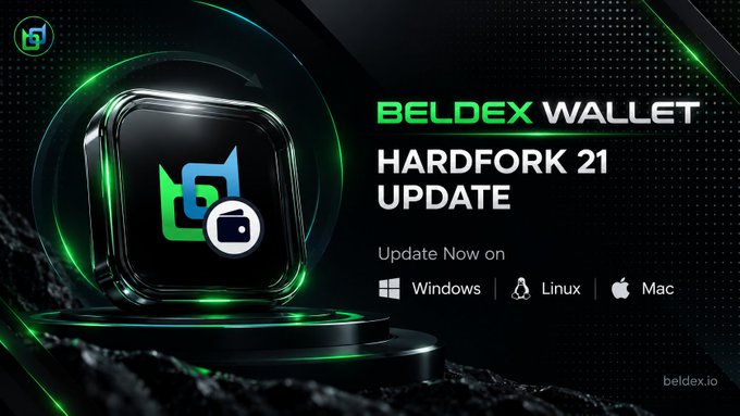 Promotional graphic for Beldex Wallet announcing Hardfork 21 update, available on Windows, Linux, and Mac, featuring a green and black 3D wallet icon.