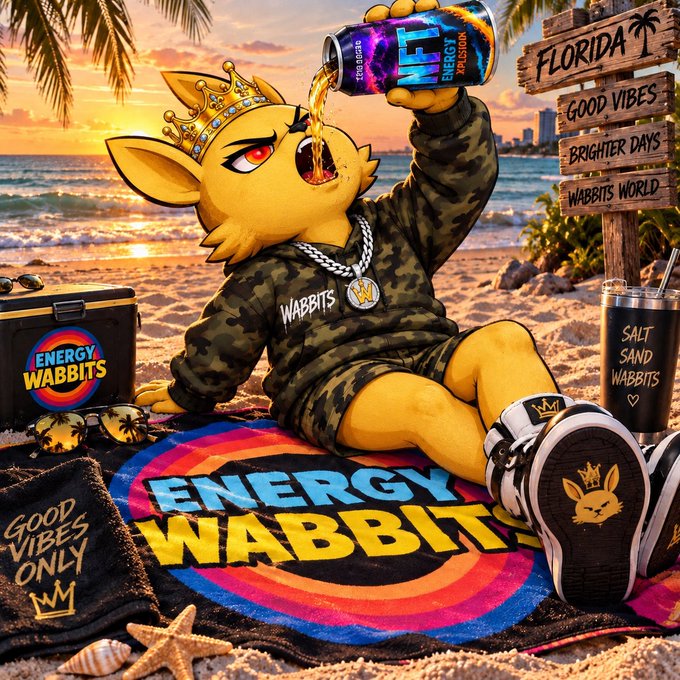 Promotional artwork for 'Energy Wabbit' featuring an anime-style rabbit character wearing a crown and camo hoodie, drinking from a 'WABBIT ENERGY' can, with signs reading 'FLORIDA', 'GOOD VIBES', and 'BRIGHTER DAYS'.