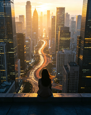An AI-generated or stylized image of a silhouetted woman sitting on a rooftop ledge overlooking a sprawling cityscape with light trails from traffic, bathed in warm golden sunset light, with a Chinese watermark 'AI生成' in the top left.