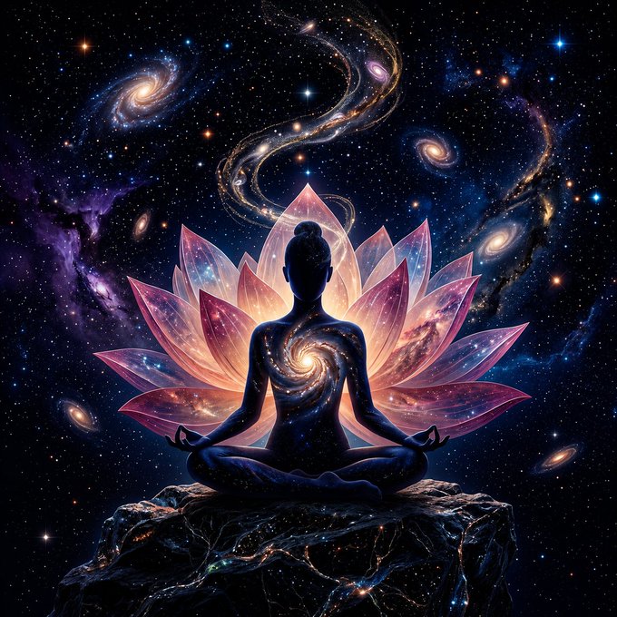 A silhouetted figure sits in a meditative lotus pose atop a rocky outcrop, with a glowing cosmic galaxy forming the shape of a lotus flower behind them against a starry space backdrop filled with swirling nebulas.