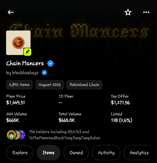 An NFT collection page for 'Chain Mancers' by blockhashxyz with 4,892 items, floor price $1,449.31, 754 holders, on Robinhood Chain.