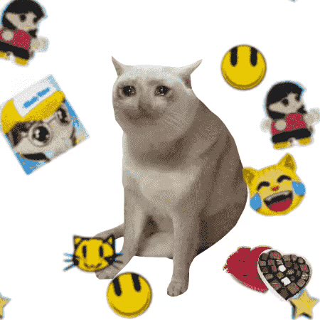 A white cat sits surrounded by various emoji-like stickers including smiley faces, a heart, and small cartoon characters on a white background.
