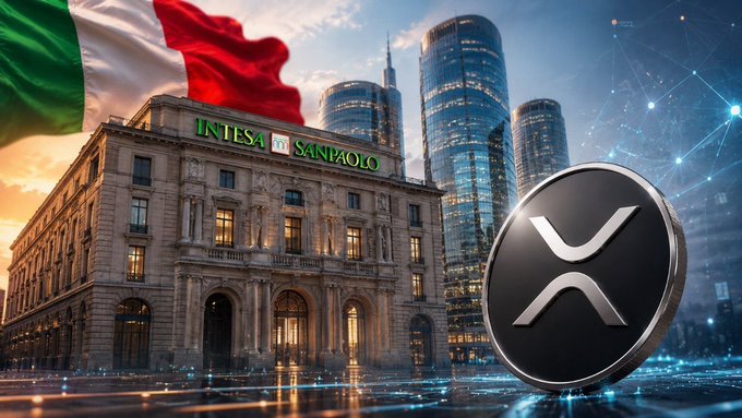 The image shows the Intesa Sanpaolo building with the Italian flag alongside the Grayscale XRP Trust logo, visually representing the bank's newly disclosed holding of 712,000 shares of the Grayscale XRP Trust according to its SEC Form 13F filing.