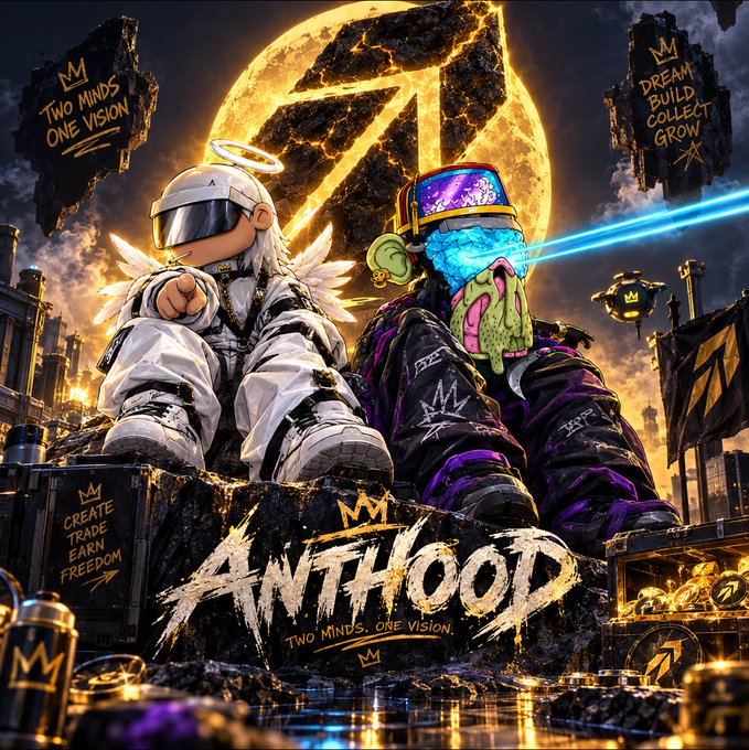 A stylized NFT-style digital artwork titled 'ANTIHOOD' with the tagline 'TWO MINDS. ONE VISION,' featuring two cartoon figures (one angelic in white, one monstrous with a blue dripping face) sitting before a large glowing logo, surrounded by text like 'CREATE TRADE EARN FREEDOM' and 'DREAM BUILD COLLECT GROW'.