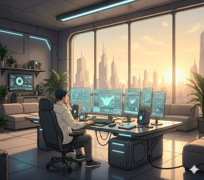 A digital illustration of a person in a beanie sitting at a multi-monitor computer setup in a futuristic room with large windows overlooking a city skyline at sunset.