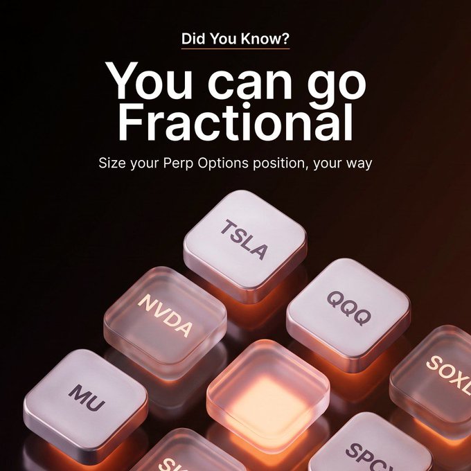 An advertisement stating "Did You Know? You can go Fractional - Size your Perp Options position, your way," displayed alongside 3D rendered keyboard keys labeled with stock tickers including TSLA, NVDA, QQQ, MU, SOXL, and SPCY.