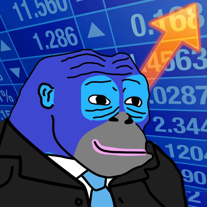 A cartoon blue gorilla in a suit stands in front of a stock ticker board with an orange upward arrow and numbers like "11.560," "1.286," and "0.168," humorously representing bullish "blue chip" gains—fittingly tying the "best blue chain" Ronin Network mascot to the imagery of rising stock prices.