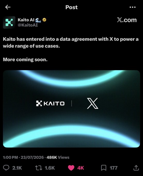 A tweet from Kaito AI (@KaitoAI) announcing a data agreement with X, featuring the same Kaito and X logos graphic, with 486K views.
