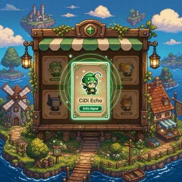 The image showcases a CIDI Echo character card featuring a small green creature with glowing energy rings, displayed on a wooden shop stand labeled "CIDI Echo" and "Echo Signal." It relates to the post by visually highlighting the newly acquired "Echo" within the Pi/CIDI Games ecosystem, emphasizing the user's excitement about joining additional companies and expanding the robotics community.