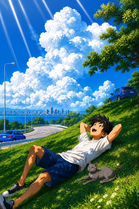 An anime-style illustration shows a young man in a white t-shirt and blue shorts relaxing on a grassy hill beside a gray cat, with a city skyline, road, and blue car visible below a bright cloudy sky.