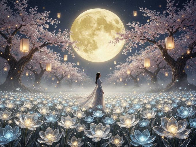 A fantasy illustration shows a woman in a flowing white dress standing in a glowing field of lotus flowers, gazing up at a large full moon surrounded by cherry blossom trees and floating lanterns.